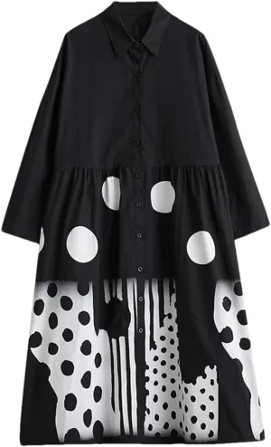 Women Patchwork Print Shirt Dresses Long Vintage Sleeve A-Line Loose Mid Casual Dress Robe
