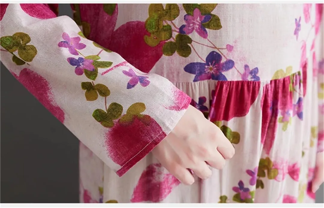 Women Print Floral Vintage Dresses Cotton Long Sleeve Casual Midi Loose Dress Femme Office Lady