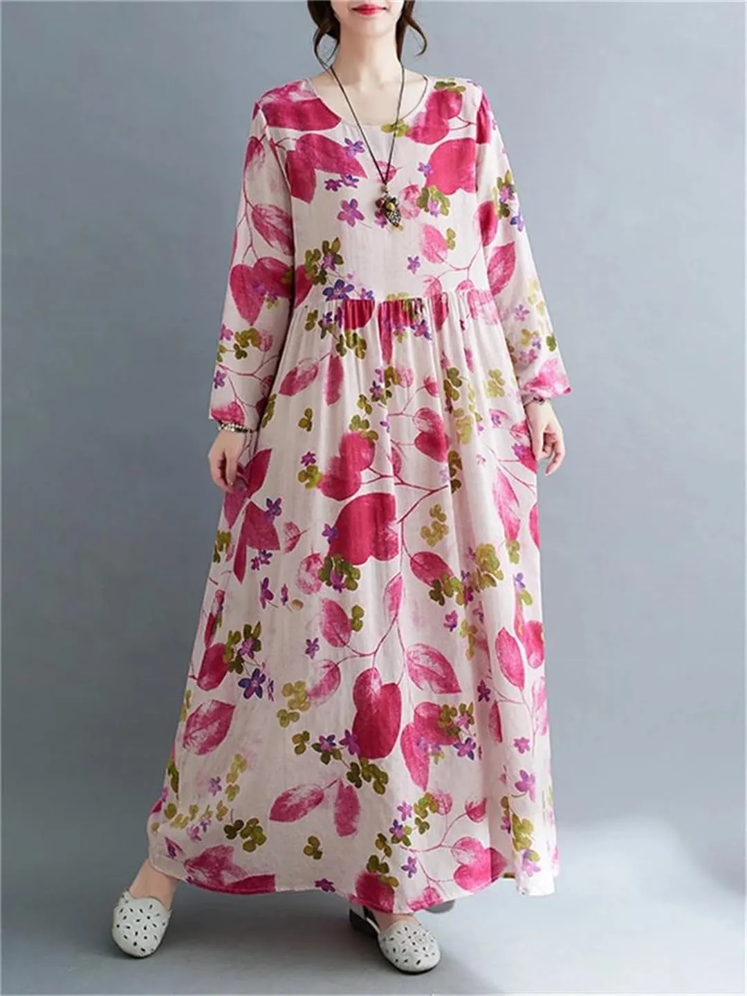 Women Print Floral Vintage Dresses Cotton Long Sleeve Casual Midi Loose Dress Femme Office Lady