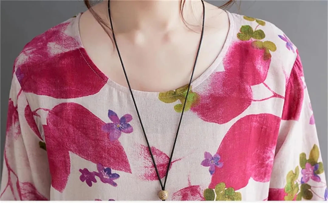 Women Print Floral Vintage Dresses Cotton Long Sleeve Casual Midi Loose Dress Femme Office Lady
