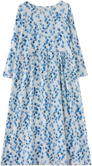 Women Print Floral Vintage Dresses Cotton Long Sleeve Casual Midi Loose Dress Femme Office Lady