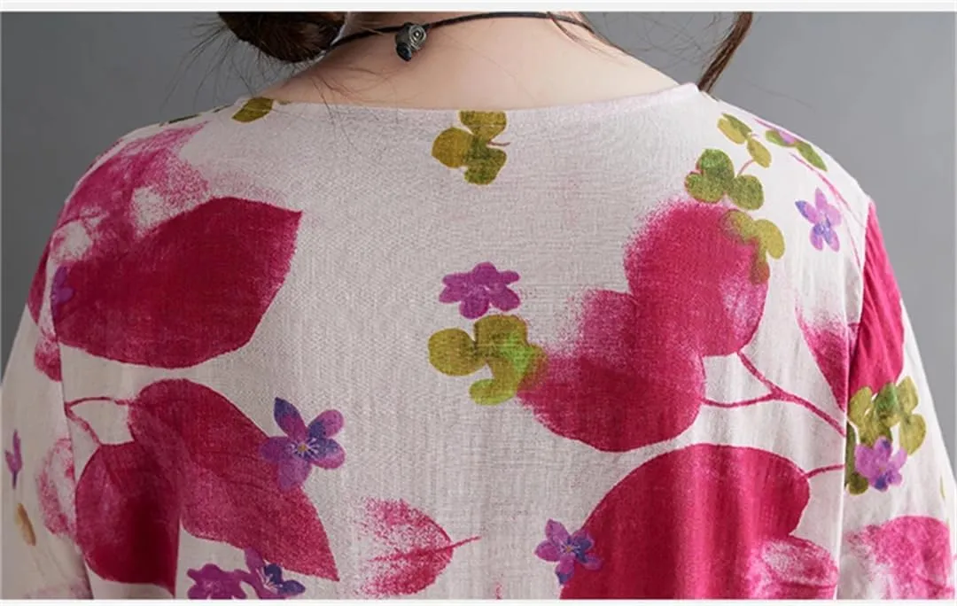 Women Print Floral Vintage Dresses Cotton Long Sleeve Casual Midi Loose Dress Femme Office Lady