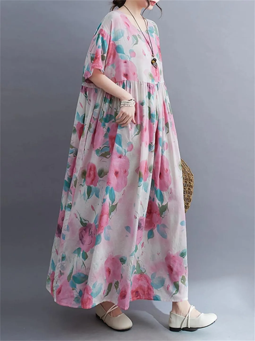 Women Print Floral Vintage Dresses Summer O-Neck Cotton Short Sleeve Casual A-Line Loose Dress