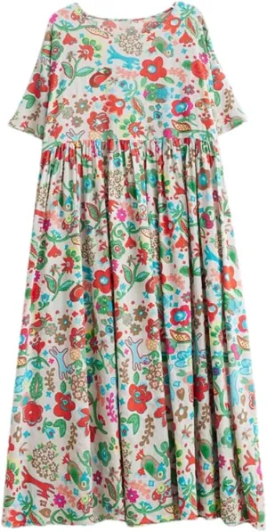 Women Print Floral Vintage Dresses Summer O-Neck Cotton Short Sleeve Casual A-Line Loose Dress