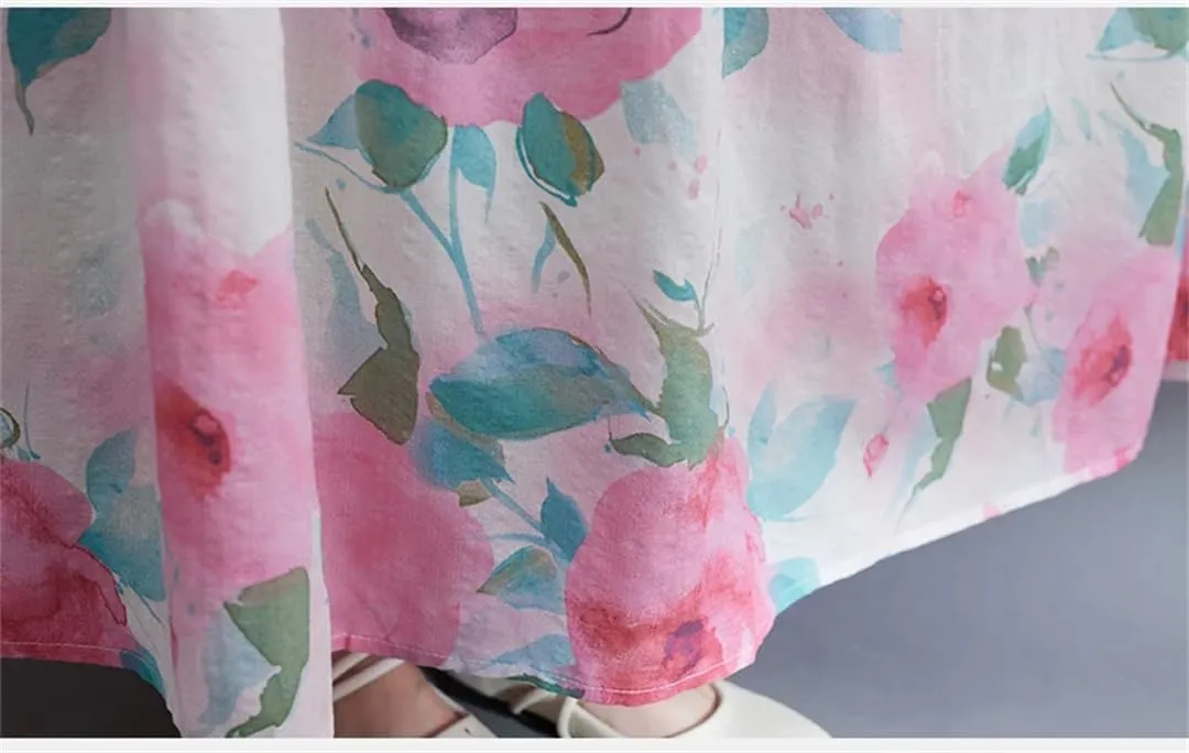 Women Print Floral Vintage Dresses Summer O-Neck Cotton Short Sleeve Casual A-Line Loose Dress