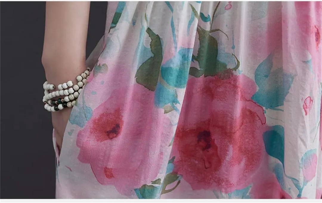Women Print Floral Vintage Dresses Summer O-Neck Cotton Short Sleeve Casual A-Line Loose Dress