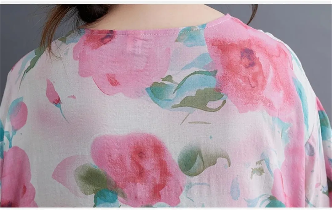 Women Print Floral Vintage Dresses Summer O-Neck Cotton Short Sleeve Casual A-Line Loose Dress