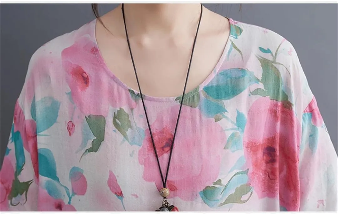 Women Print Floral Vintage Dresses Summer O-Neck Cotton Short Sleeve Casual A-Line Loose Dress