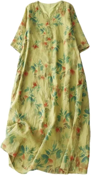 Women Print Floral Vintage Dresses V-Neck Midi Casual Long Thin A-Line Dress