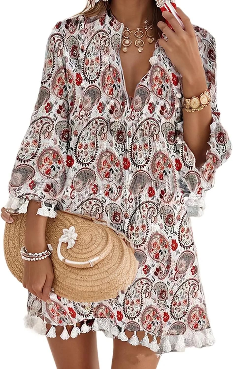 Women Print V Neck Tassel 3/4 Sleeve Shift Dress Bohemian Vintage Ethnic Style Fringe Tie Neck Casual Knee Length Dress