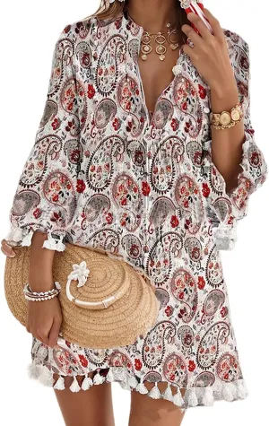 Women Print V Neck Tassel 3/4 Sleeve Shift Dress Bohemian Vintage Ethnic Style Fringe Tie Neck Casual Knee Length Dress