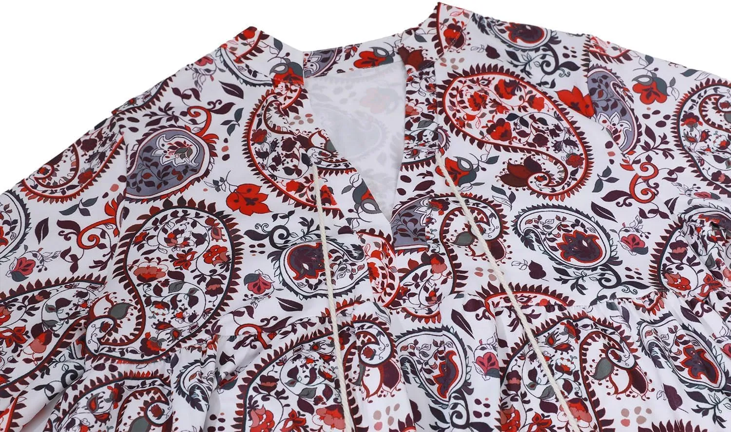 Women Print V Neck Tassel 3/4 Sleeve Shift Dress Bohemian Vintage Ethnic Style Fringe Tie Neck Casual Knee Length Dress