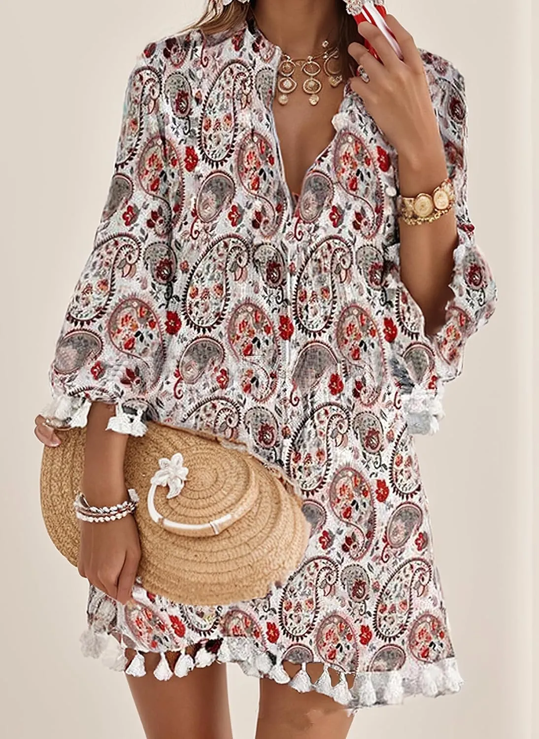 Women Print V Neck Tassel 3/4 Sleeve Shift Dress Bohemian Vintage Ethnic Style Fringe Tie Neck Casual Knee Length Dress