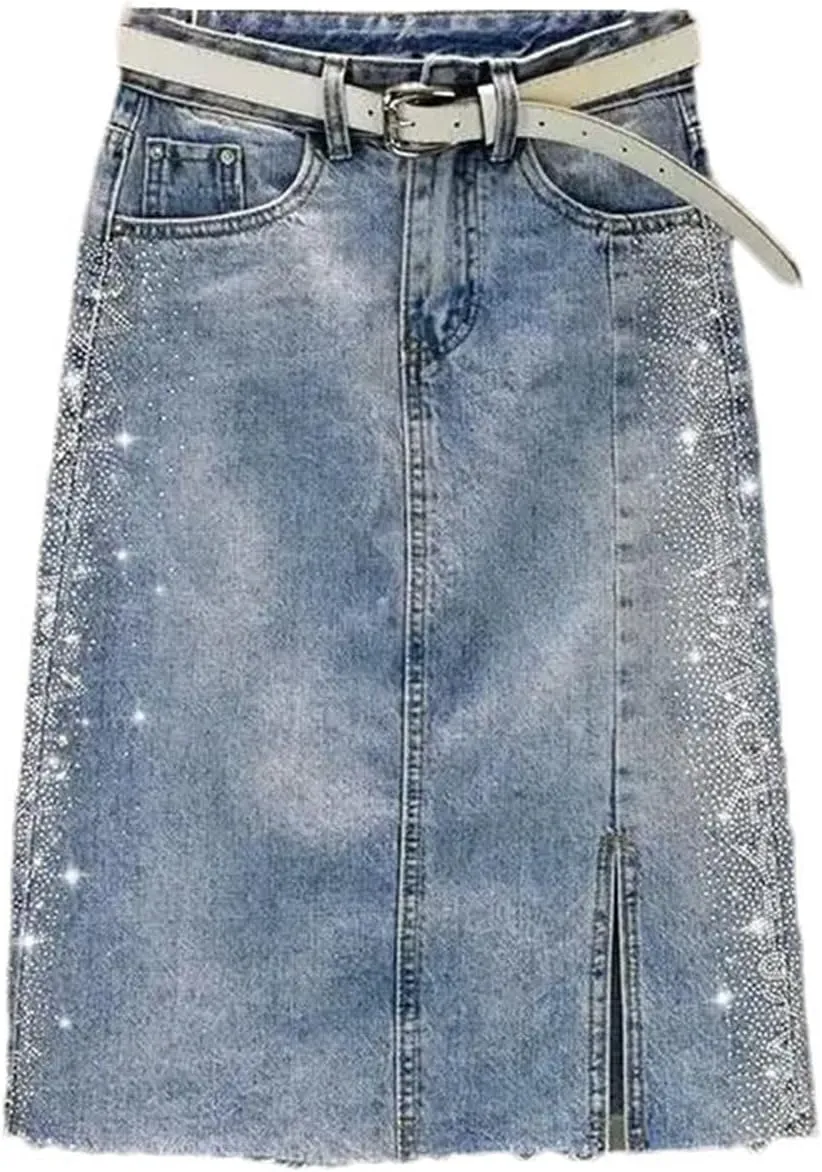 Women Rhinestone Slit High Waist Denim Skirt Midi Vintage Raw Hem Chic A-Line Jean Skirt
