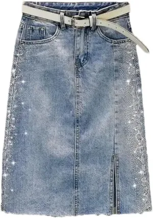 Women Rhinestone Slit High Waist Denim Skirt Midi Vintage Raw Hem Chic A-Line Jean Skirt
