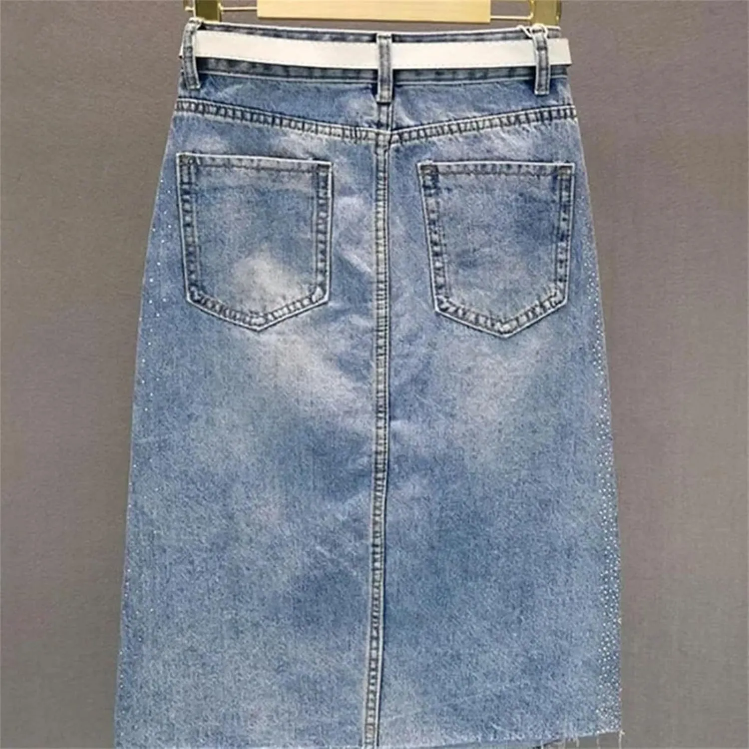 Women Rhinestone Slit High Waist Denim Skirt Midi Vintage Raw Hem Chic A-Line Jean Skirt