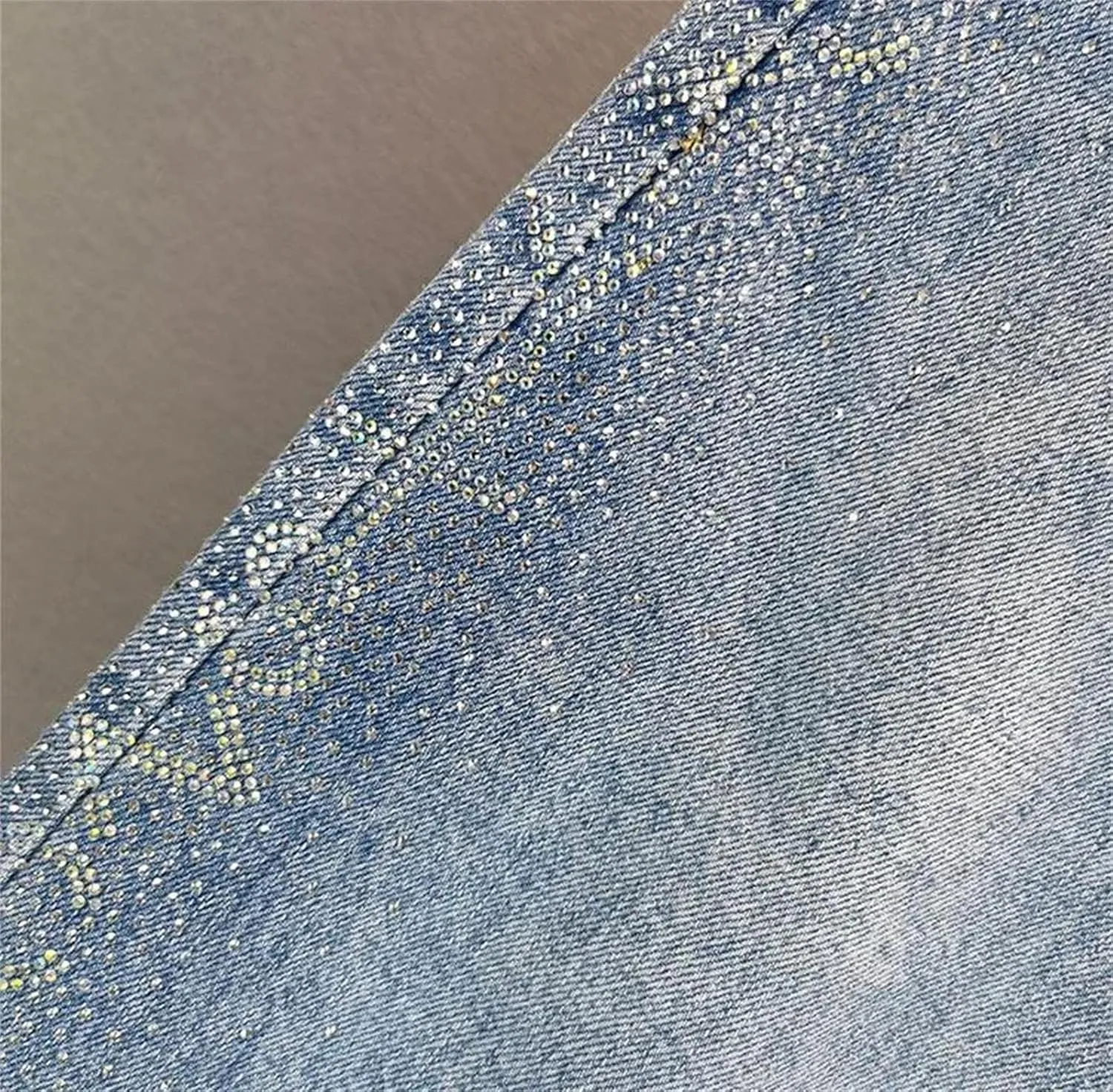 Women Rhinestone Slit High Waist Denim Skirt Midi Vintage Raw Hem Chic A-Line Jean Skirt