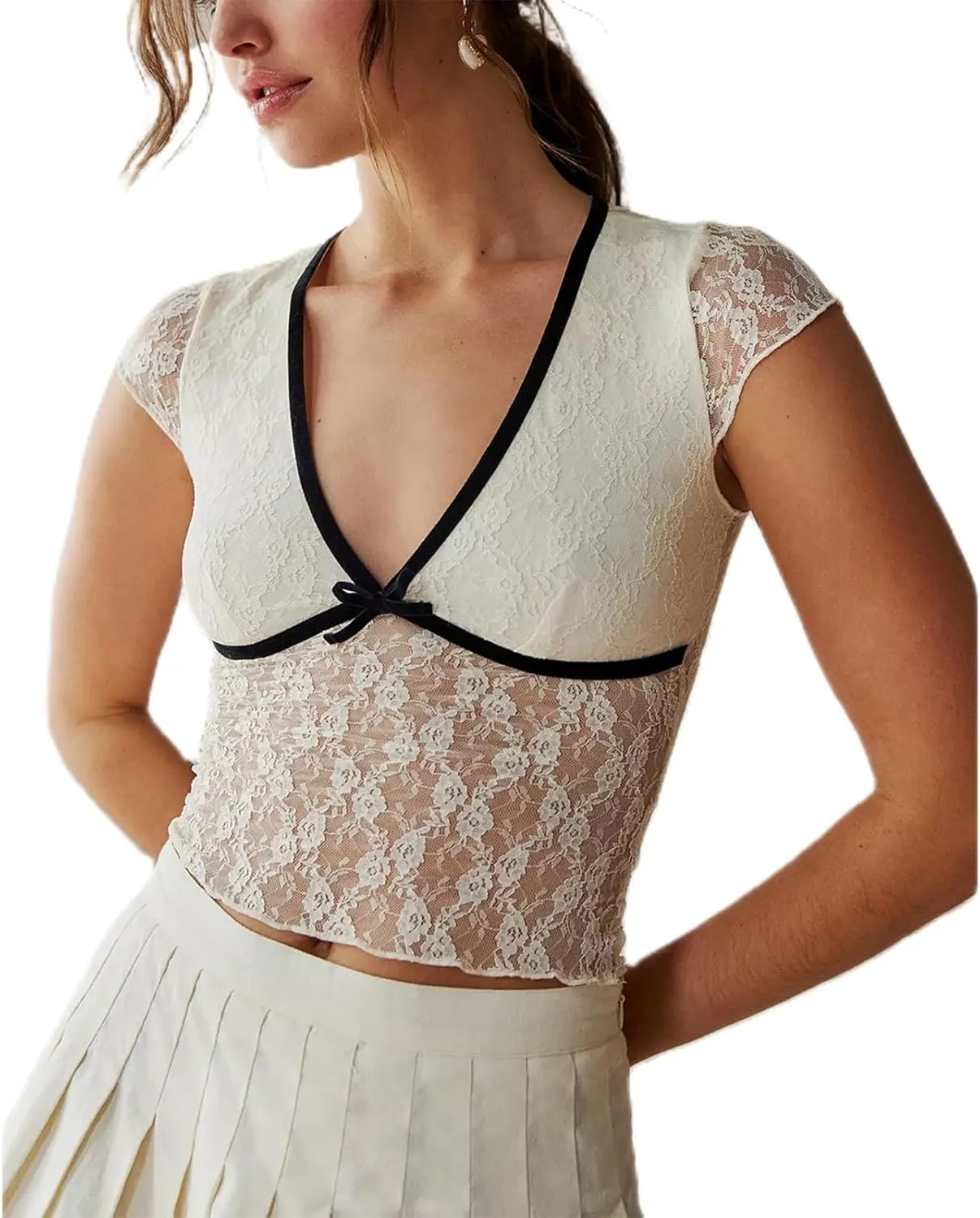Women Short Sleeve Floral Lace Crop Top Y2k Sheer Mesh See Through T Shirts Fitted Going Out Tees Streetwear
