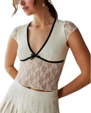 Women Short Sleeve Floral Lace Crop Top Y2k Sheer Mesh See Through T Shirts Fitted Going Out Tees Streetwear