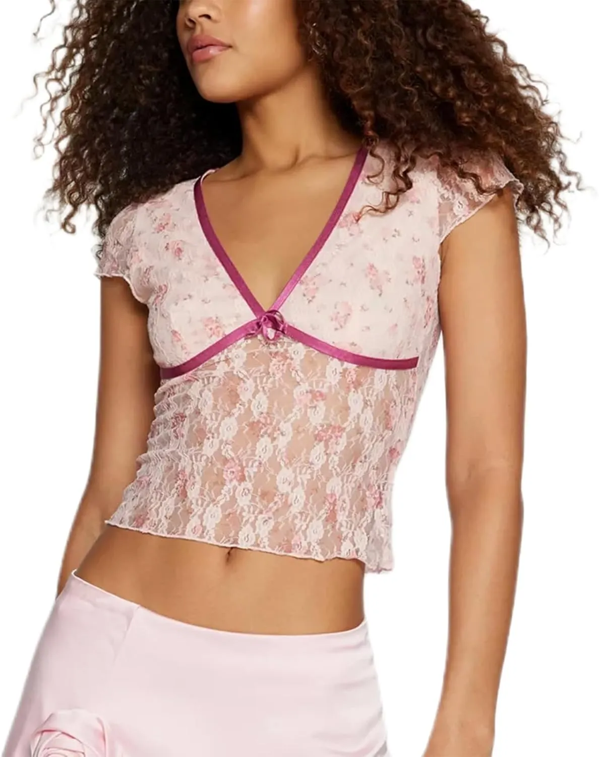 Women Short Sleeve Floral Lace Crop Top Y2k Sheer Mesh See Through T Shirts Fitted Going Out Tees Streetwear