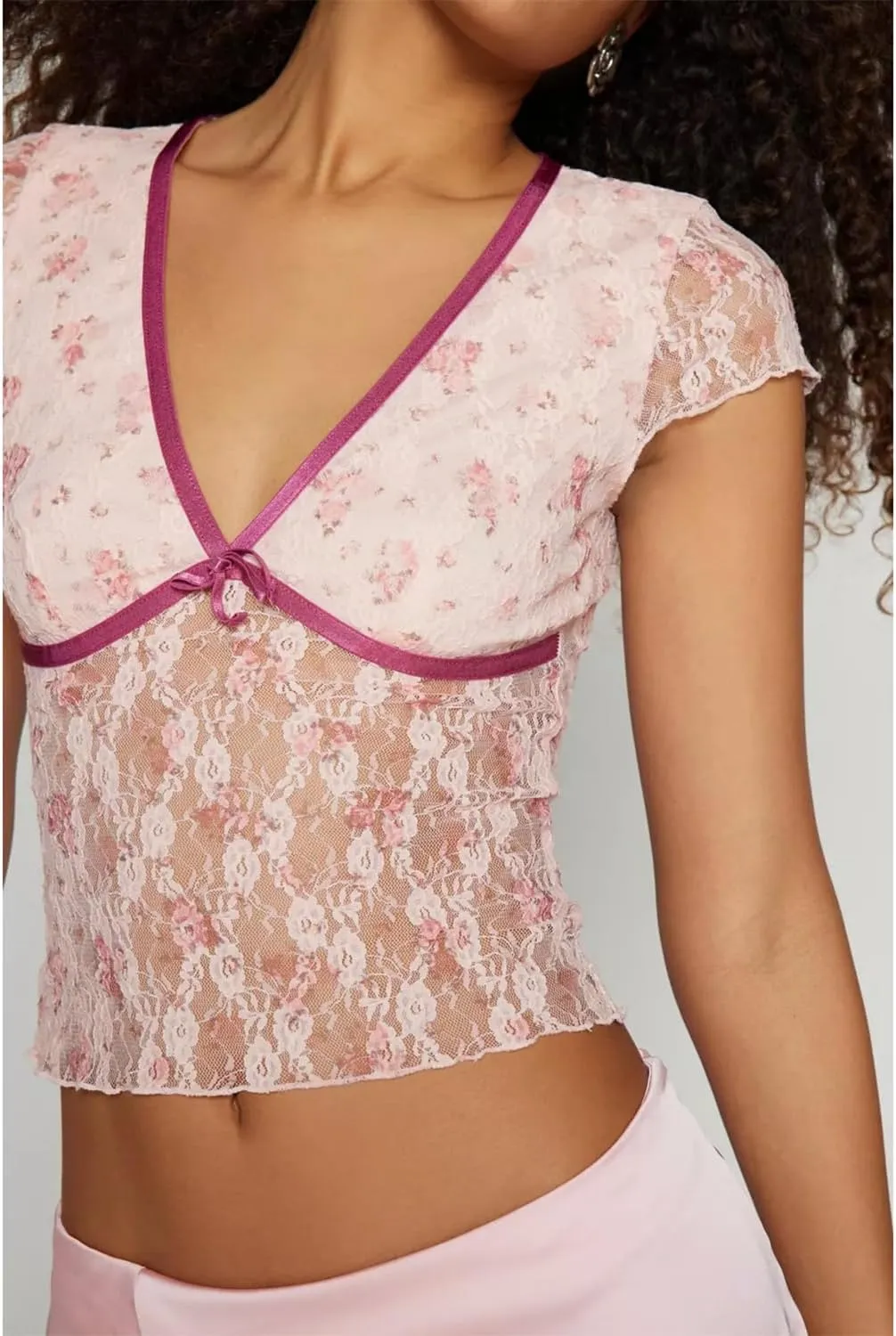 Women Short Sleeve Floral Lace Crop Top Y2k Sheer Mesh See Through T Shirts Fitted Going Out Tees Streetwear
