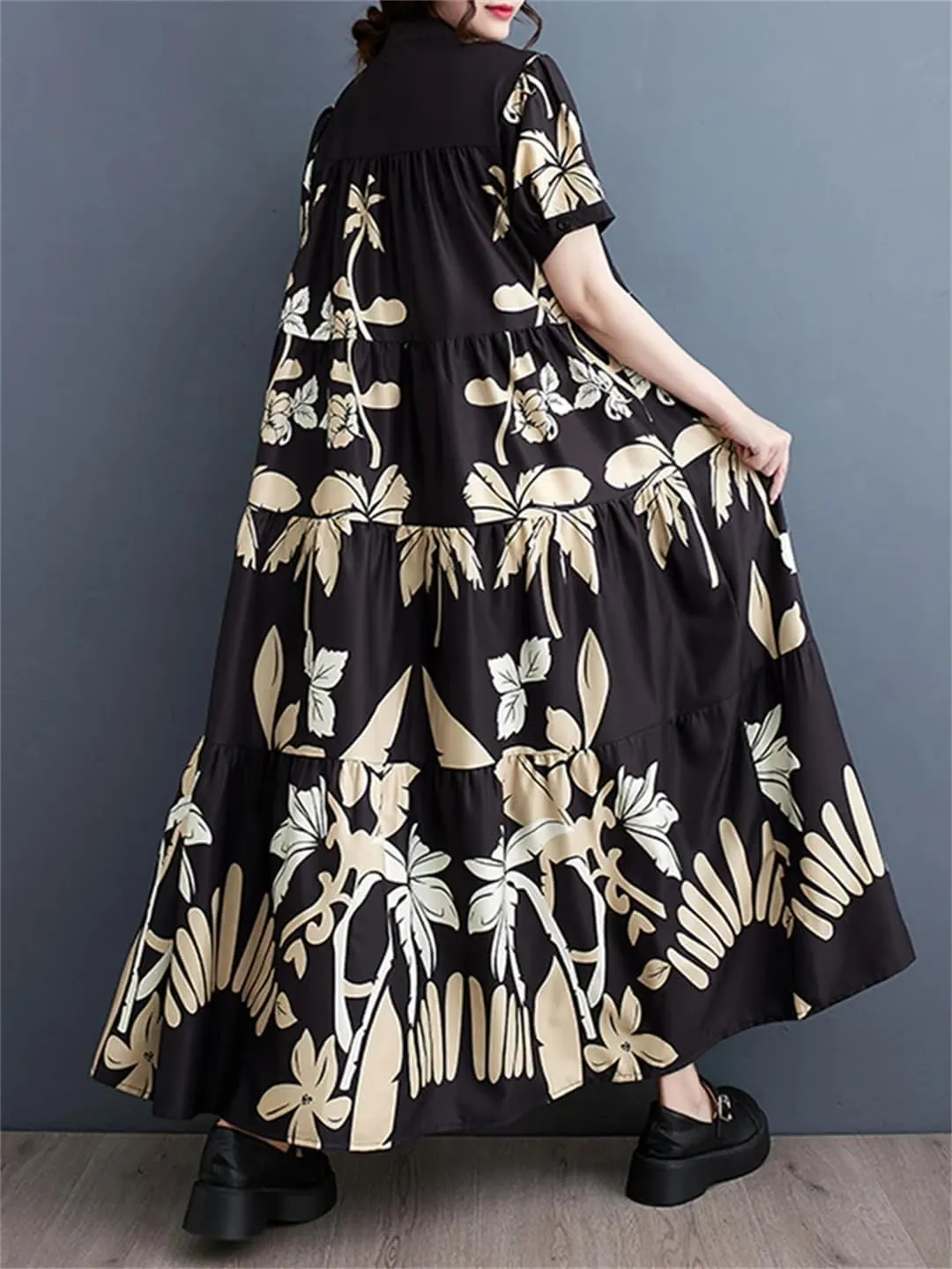Women Short Sleeve Vintage Print Long Dresses Summer Midi A-Line Casual Dress Robe