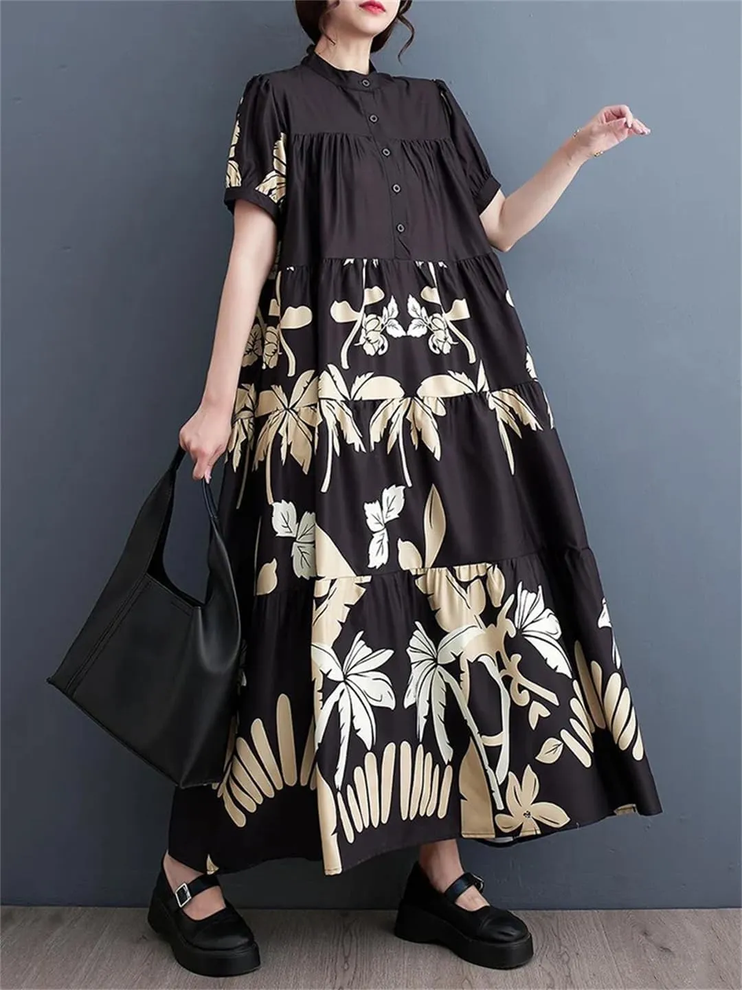 Women Short Sleeve Vintage Print Long Dresses Summer Midi A-Line Casual Dress Robe