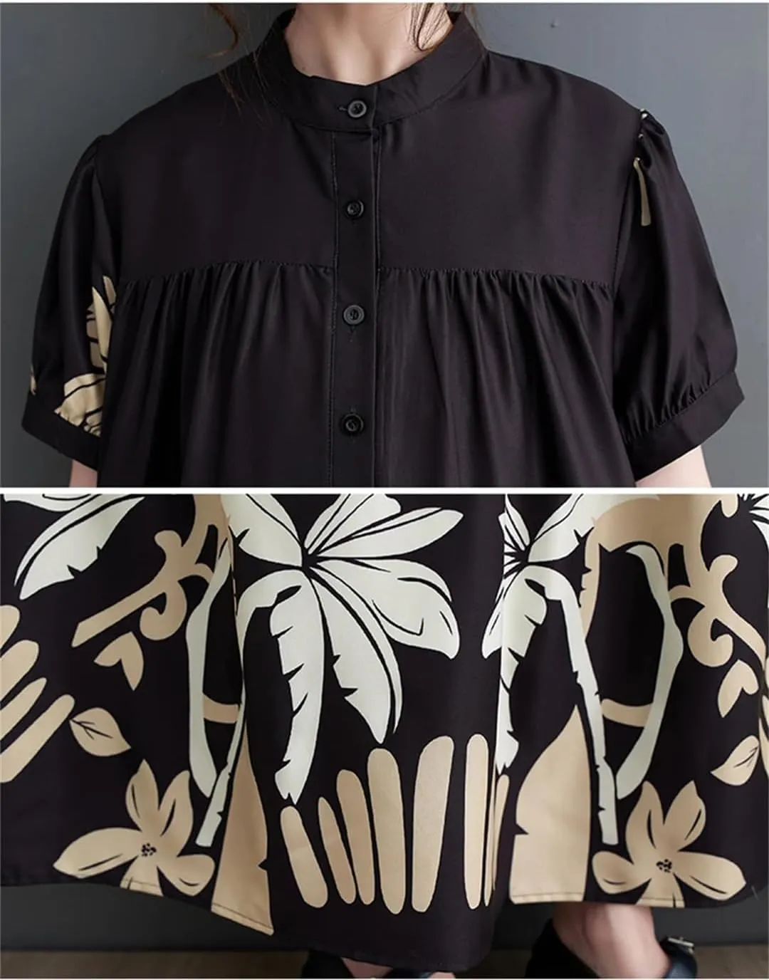 Women Short Sleeve Vintage Print Long Dresses Summer Midi A-Line Casual Dress Robe