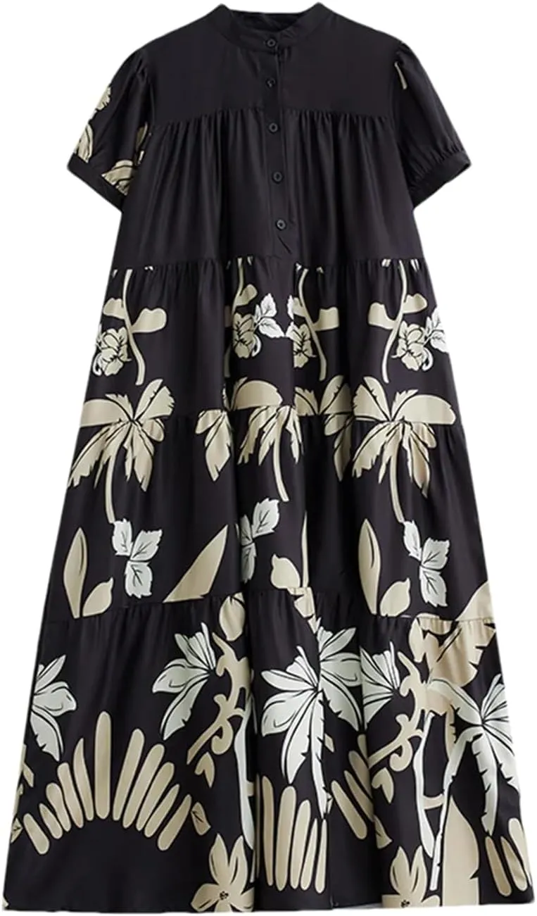 Women Short Sleeve Vintage Print Long Dresses Summer Midi A-Line Casual Dress Robe