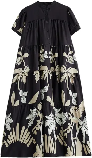 Women Short Sleeve Vintage Print Long Dresses Summer Midi A-Line Casual Dress Robe