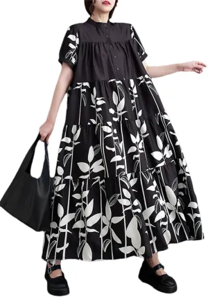 Women Short Sleeve Vintage Print Long Dresses Summer Midi A-Line Casual Dress Robe