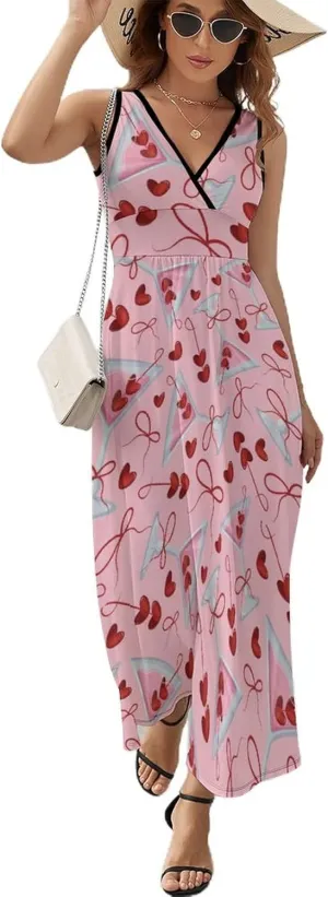 Women Summer Casual Sleeveless V Neck Alcoholic Cocktails Vintage Sundress Maxi Long Beach Dress