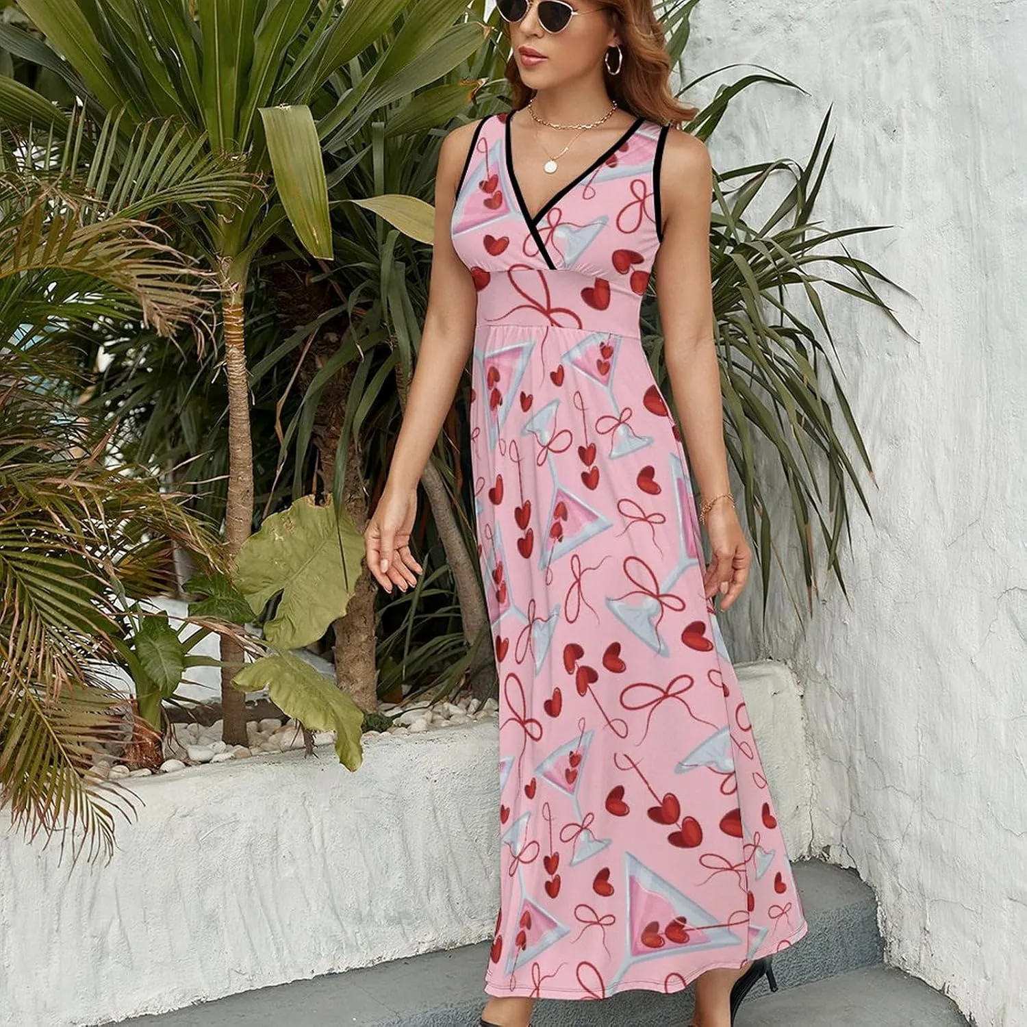 Women Summer Casual Sleeveless V Neck Alcoholic Cocktails Vintage Sundress Maxi Long Beach Dress