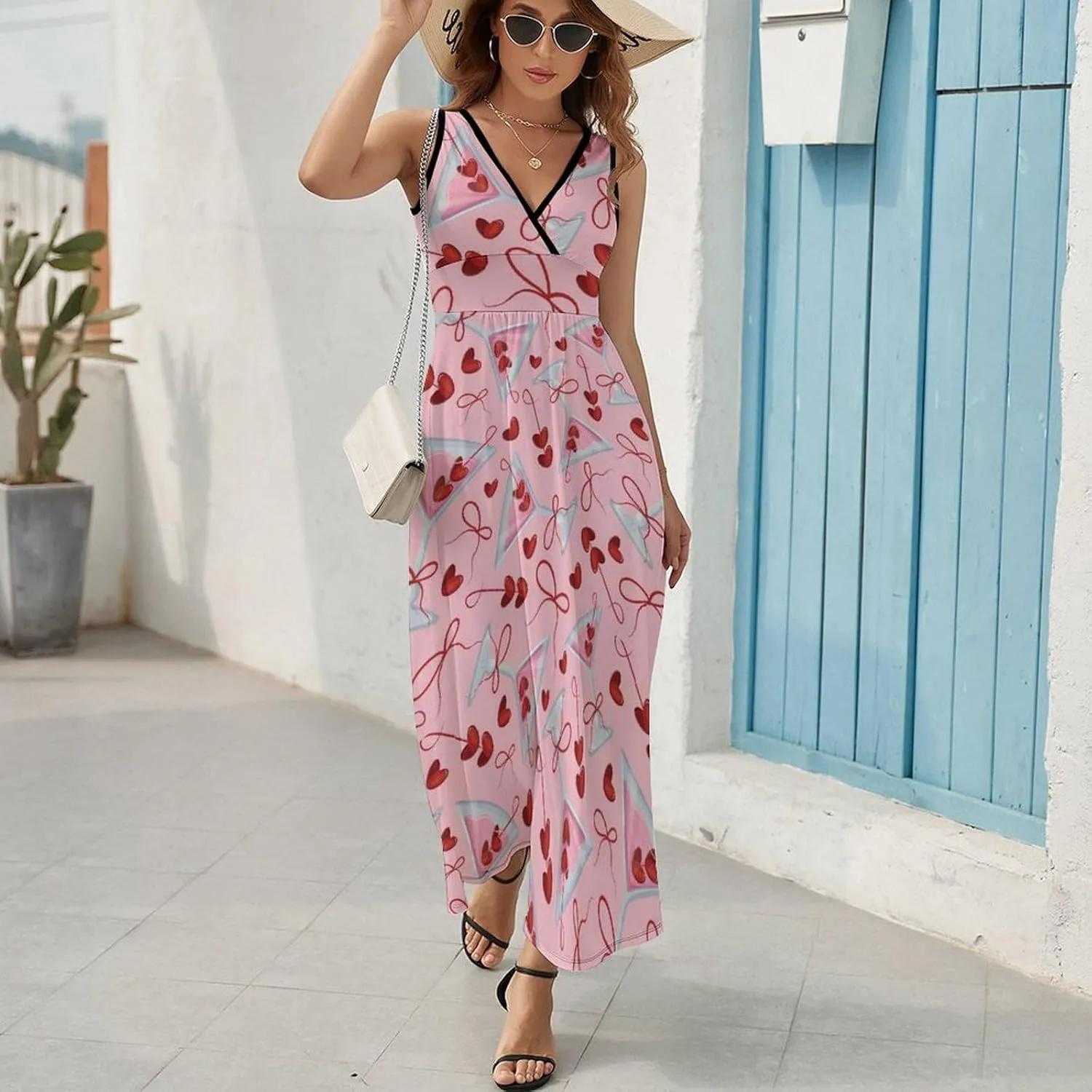 Women Summer Casual Sleeveless V Neck Alcoholic Cocktails Vintage Sundress Maxi Long Beach Dress