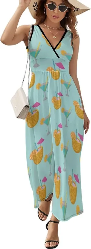 Women Summer Casual Sleeveless V Neck Alcoholic Cocktails Vintage Sundress Maxi Long Beach Dress