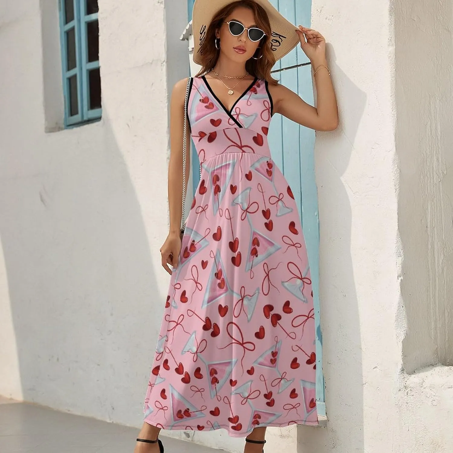Women Summer Casual Sleeveless V Neck Alcoholic Cocktails Vintage Sundress Maxi Long Beach Dress