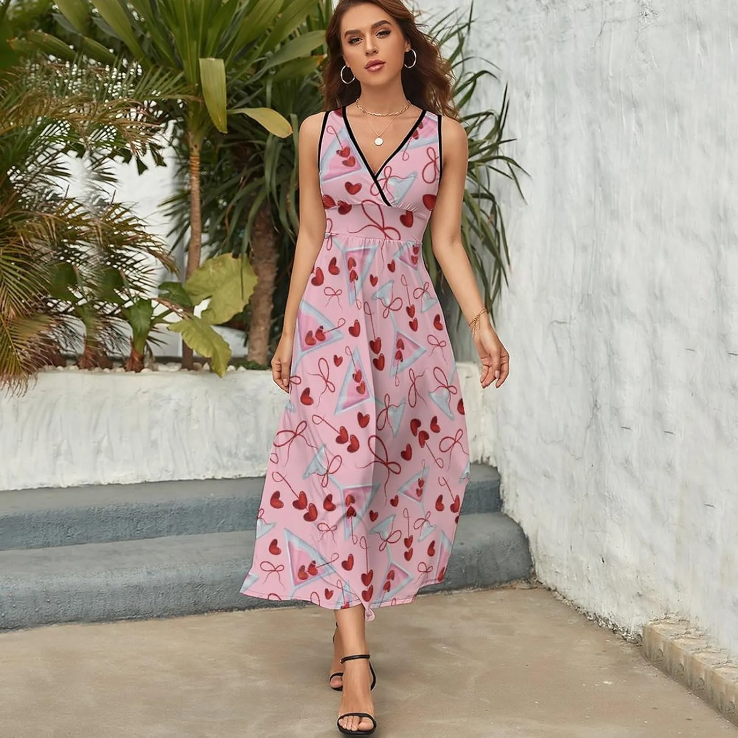 Women Summer Casual Sleeveless V Neck Alcoholic Cocktails Vintage Sundress Maxi Long Beach Dress