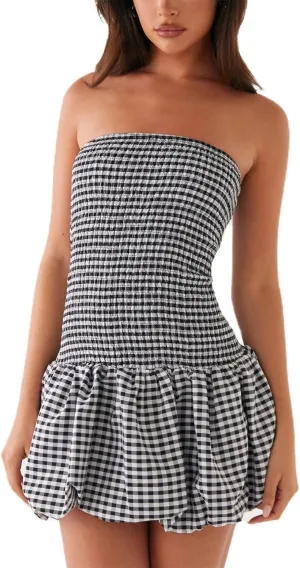 Women Summer Plaid Mini Dress Casual Y2k Gingham Spaghetti Strap Going Out Outfit Cute Flowy Swing Loose Fit Clubwear