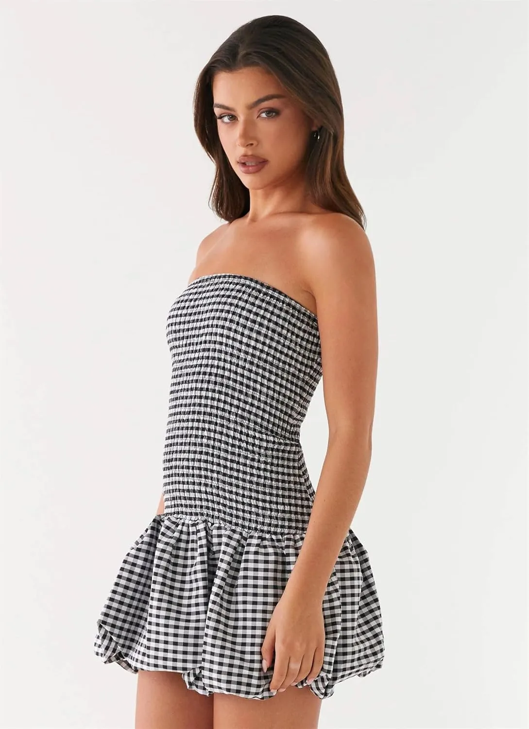Women Summer Plaid Mini Dress Casual Y2k Gingham Spaghetti Strap Going Out Outfit Cute Flowy Swing Loose Fit Clubwear