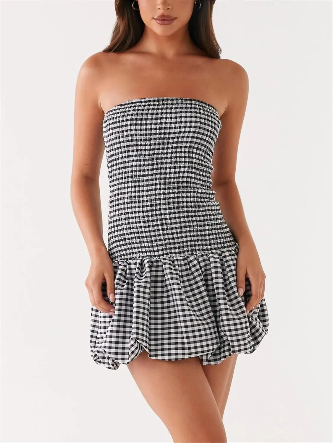Women Summer Plaid Mini Dress Casual Y2k Gingham Spaghetti Strap Going Out Outfit Cute Flowy Swing Loose Fit Clubwear