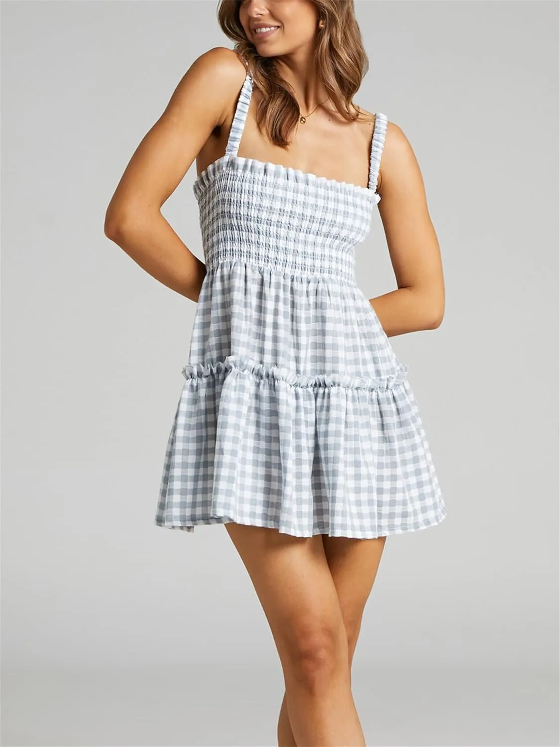 Women Summer Plaid Mini Dress Casual Y2k Gingham Spaghetti Strap Going Out Outfit Cute Flowy Swing Loose Fit Clubwear