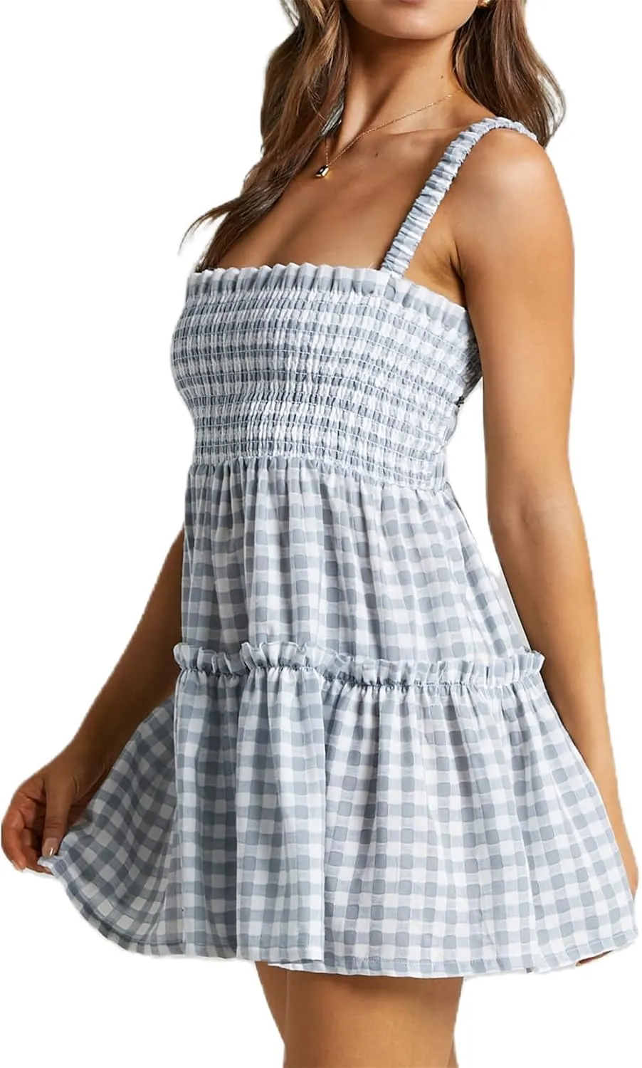 Women Summer Plaid Mini Dress Casual Y2k Gingham Spaghetti Strap Going Out Outfit Cute Flowy Swing Loose Fit Clubwear