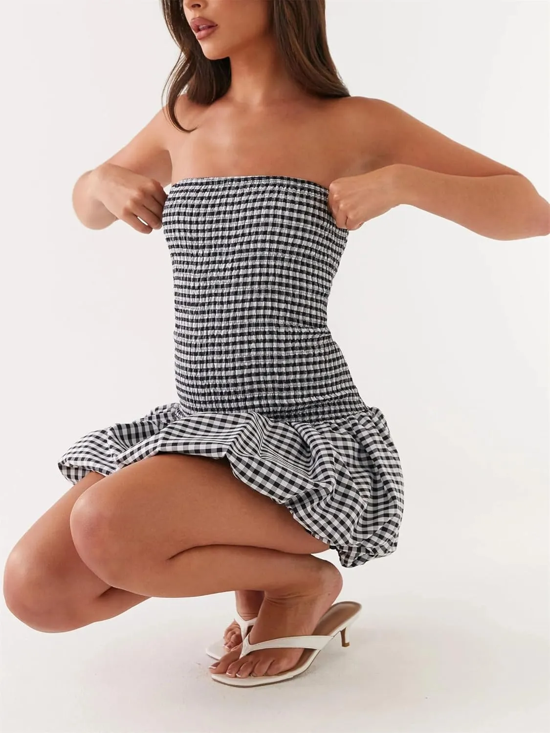 Women Summer Plaid Mini Dress Casual Y2k Gingham Spaghetti Strap Going Out Outfit Cute Flowy Swing Loose Fit Clubwear