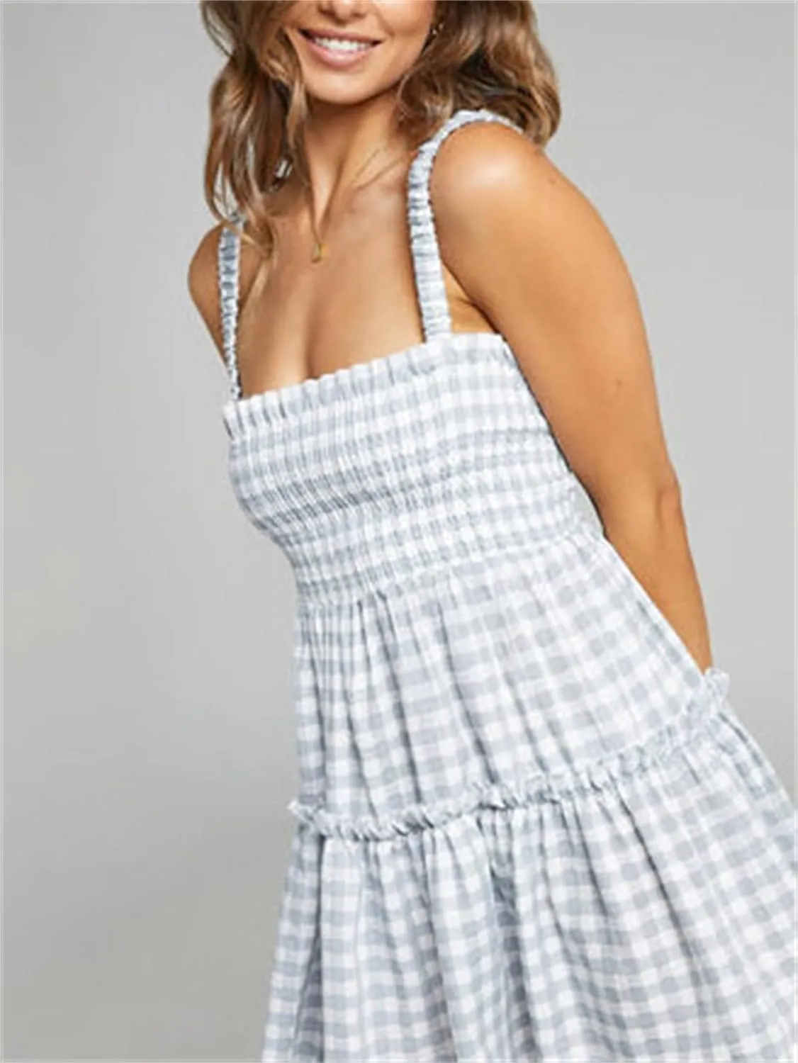 Women Summer Plaid Mini Dress Casual Y2k Gingham Spaghetti Strap Going Out Outfit Cute Flowy Swing Loose Fit Clubwear