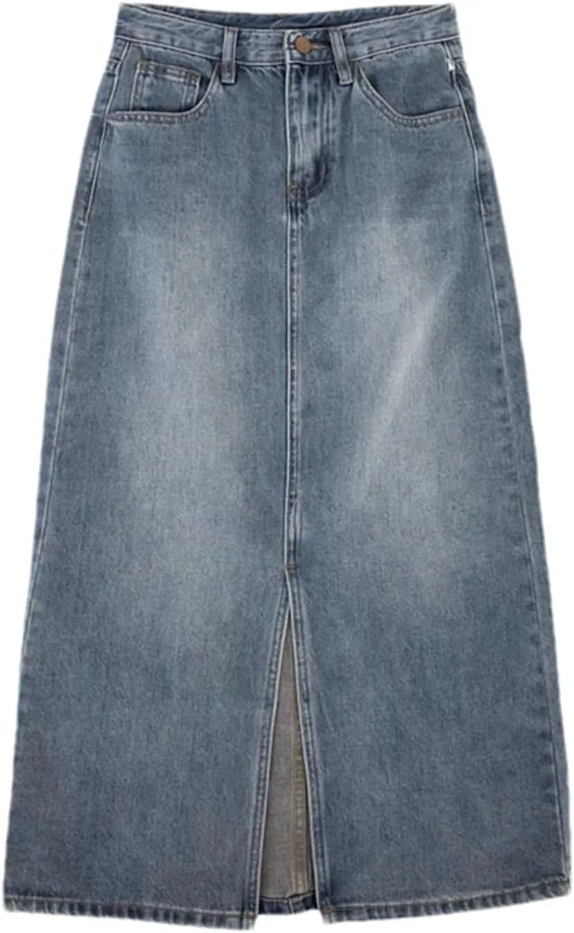 Women Vintage High Waist Split Denim Skirt Loose Thin A-Line Hip Long Jean Skirt
