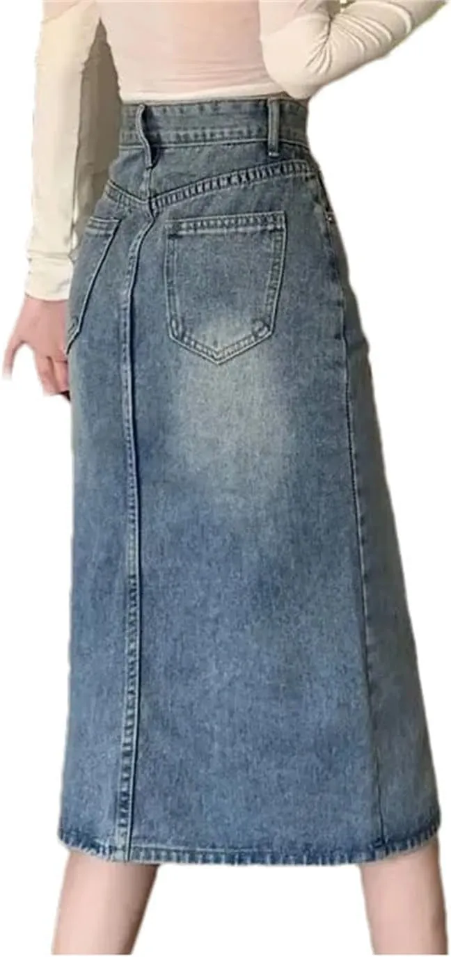 Women Vintage High Waist Split Denim Skirt Loose Thin A-Line Hip Long Jean Skirt