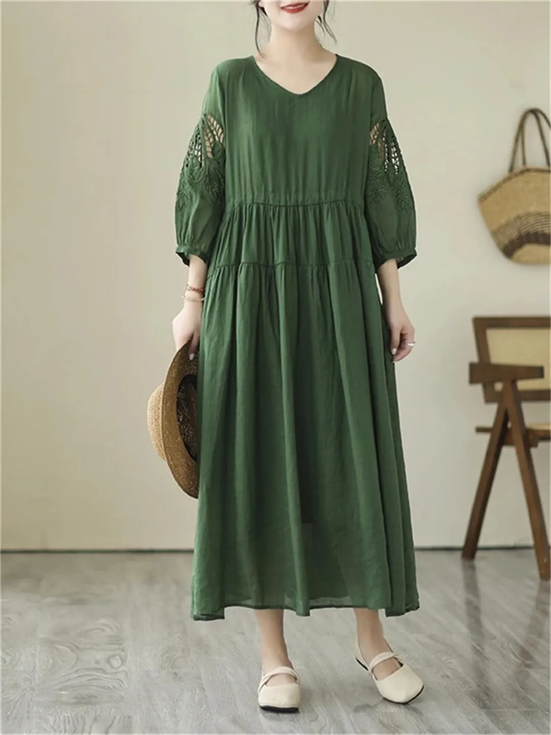 Women Vintage Solid 3/4 Sleeve Dresses A-Line Casual Midi Dress Femme Robe