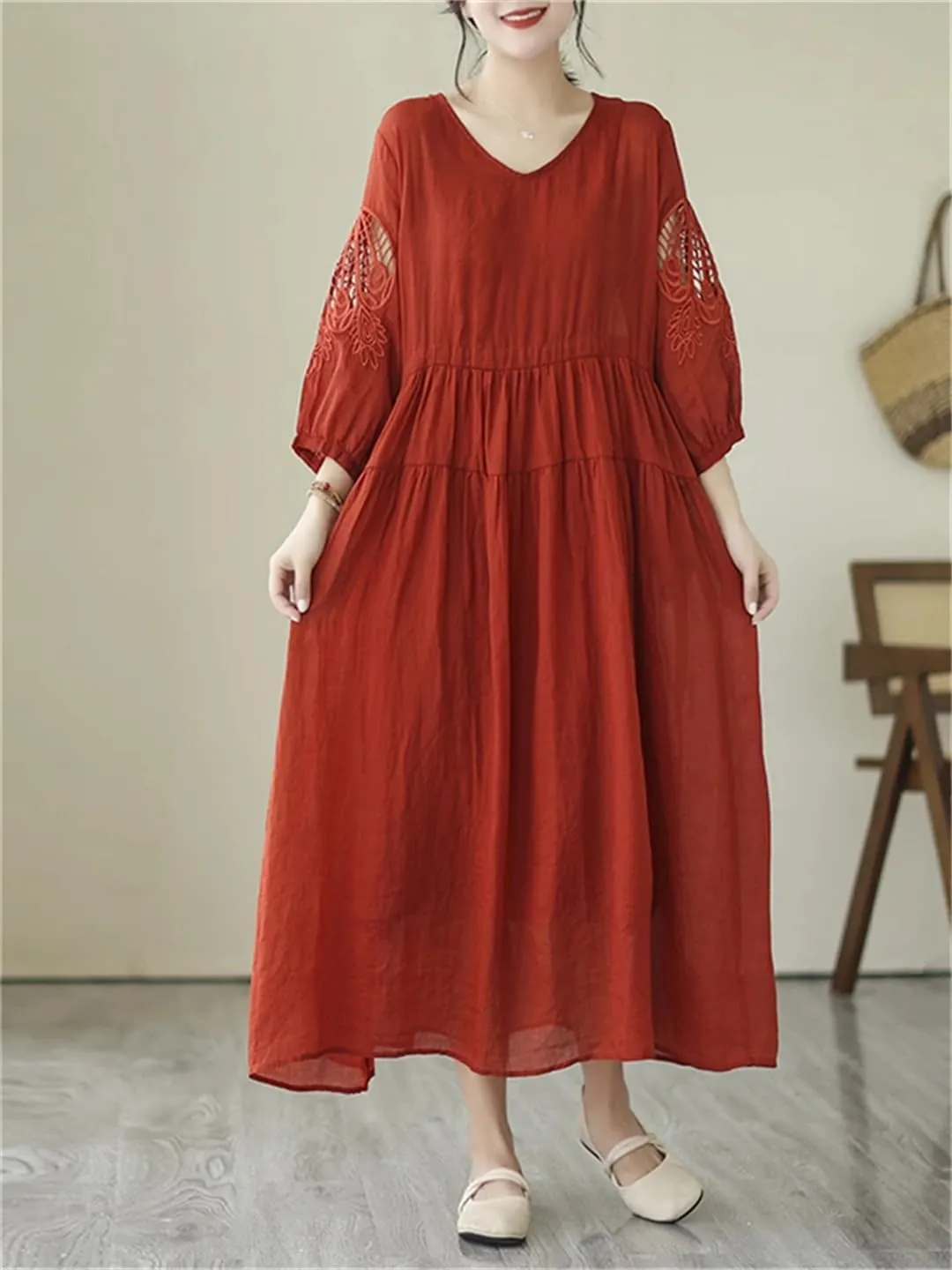Women Vintage Solid 3/4 Sleeve Dresses A-Line Casual Midi Dress Femme Robe