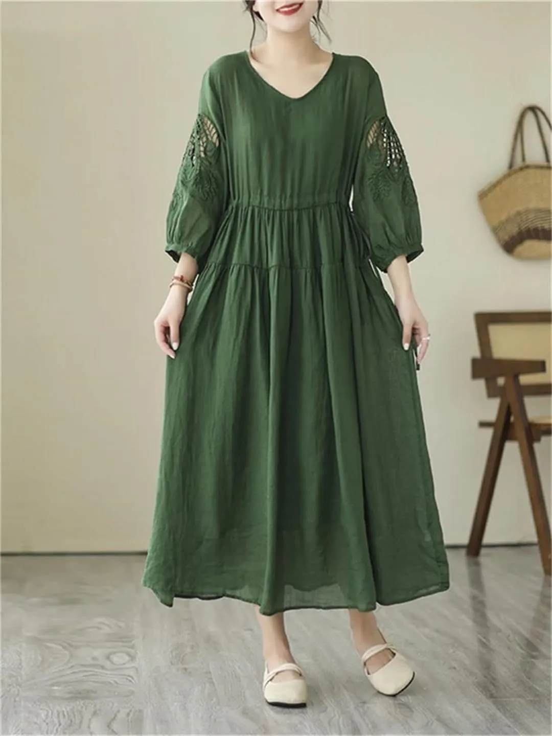 Women Vintage Solid 3/4 Sleeve Dresses A-Line Casual Midi Dress Femme Robe