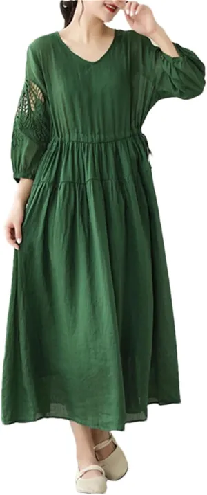 Women Vintage Solid 3/4 Sleeve Dresses A-Line Casual Midi Dress Femme Robe